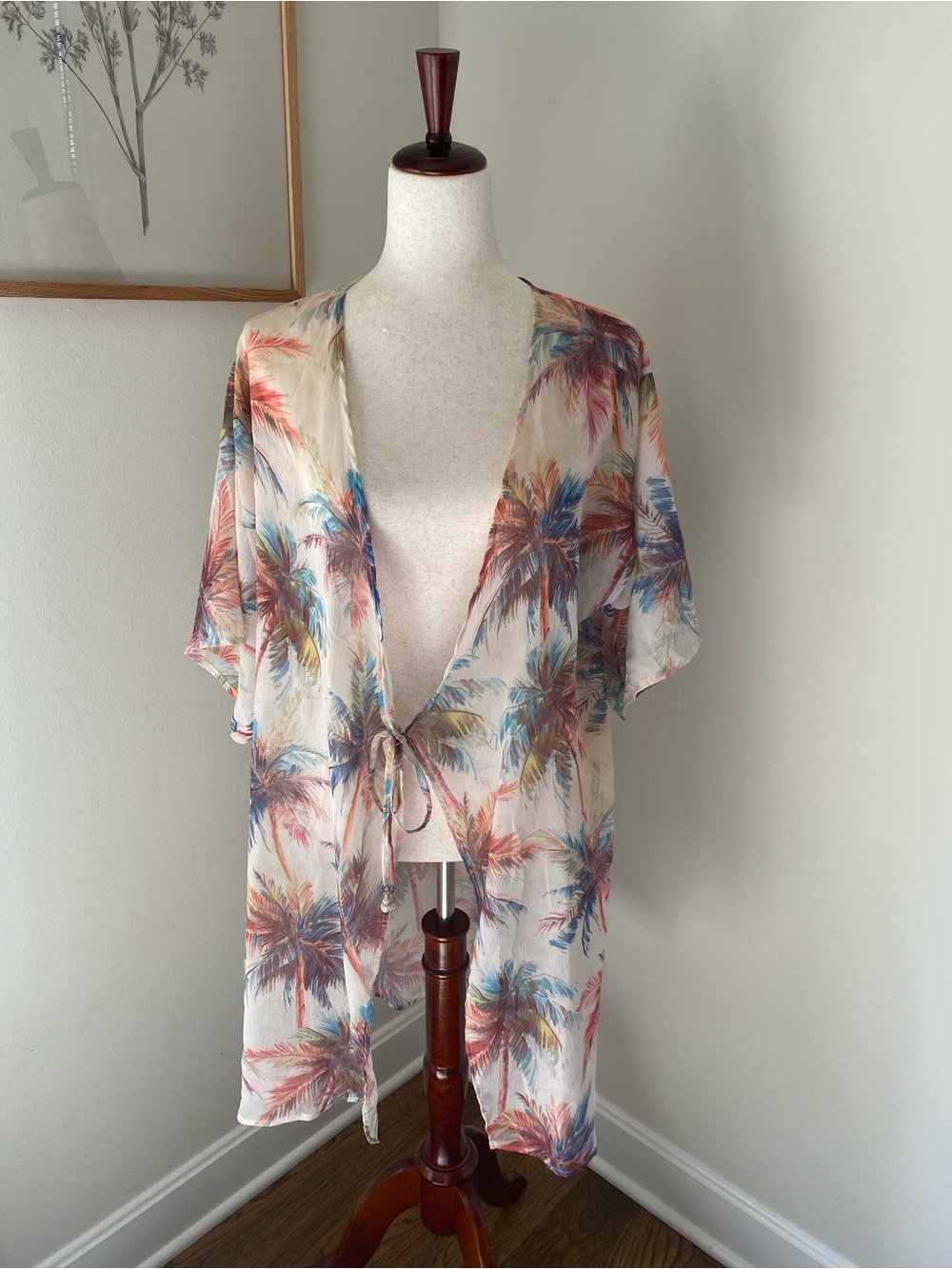 Colorful Palm-Print Tie-Front Kimono Top - Swim Coverup
